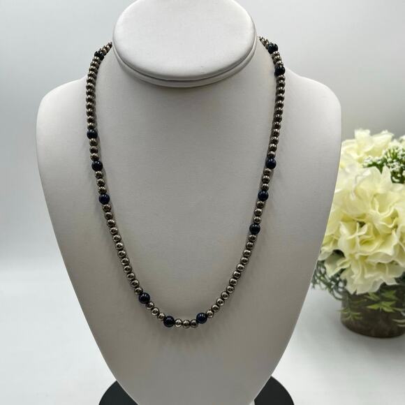 Dobbs Sterling Silver Vintage Ball and Lapis Lazuli 4-5mm Beaded Necklace 20” - Picture 1 of 12